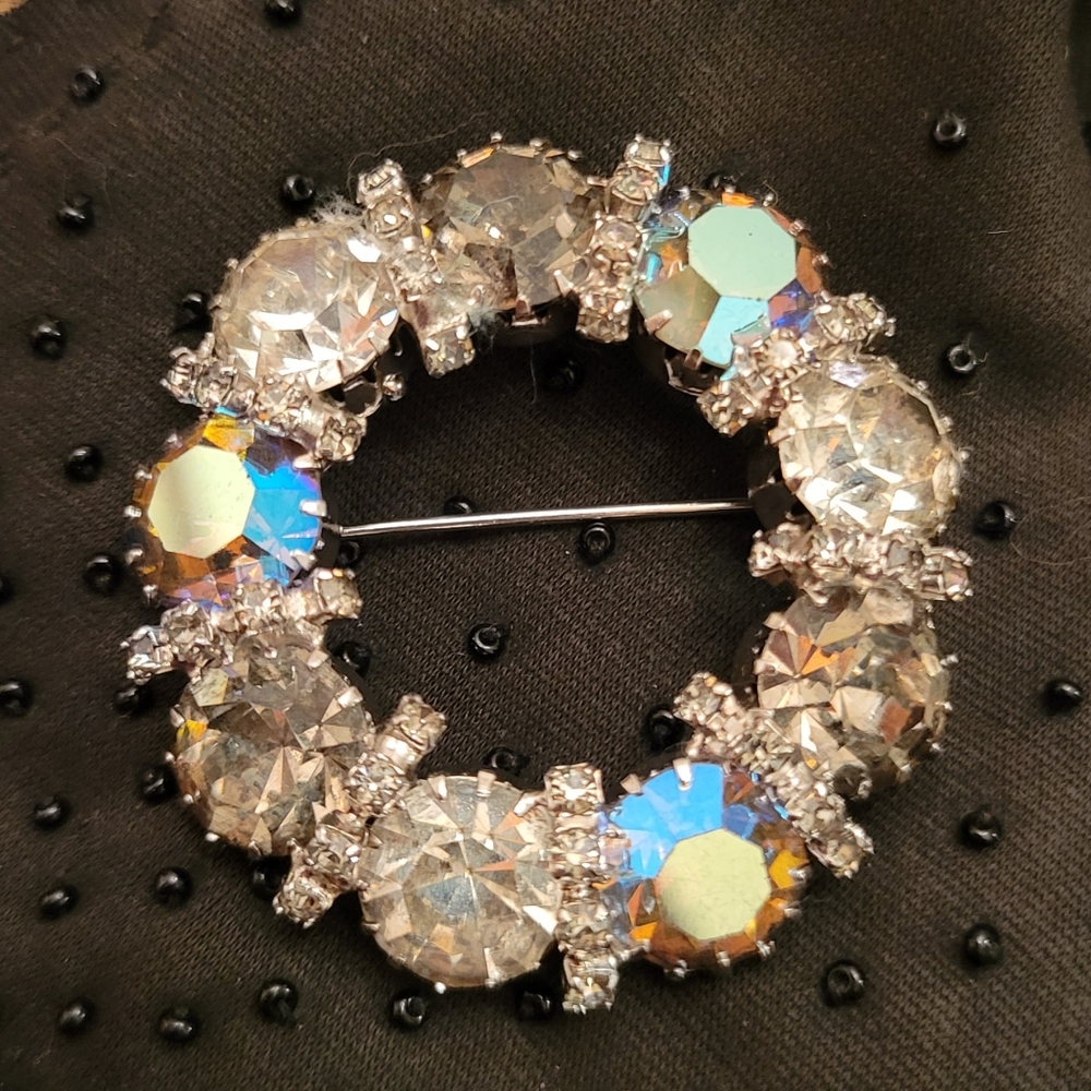 Karu Arke Aurora Borealis Brooch, Clear AB Black Diamond Rhinestones, 1950s